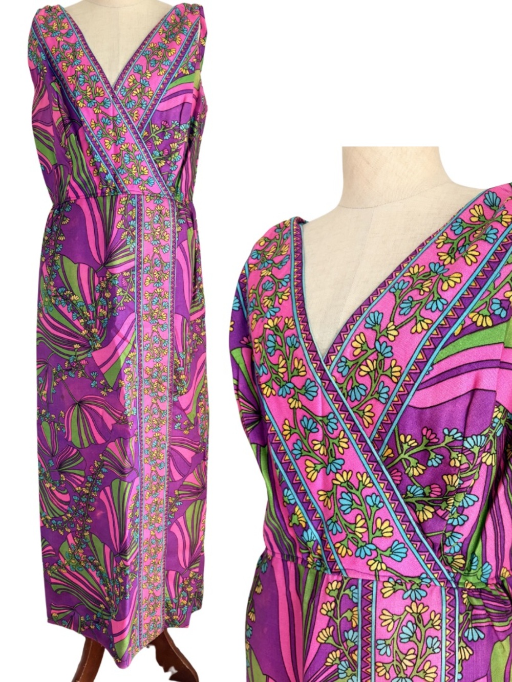 Vtg 60s Tiki Hawaii Maxi Dress Floral Empire Waist Sleeveless Barkcloth Vibrant